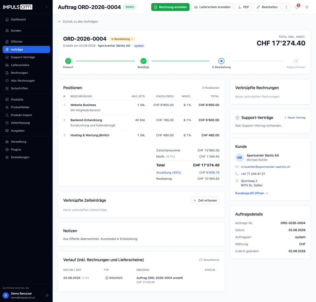 Auftragsdetail mit Statusverlauf, Positionen, verknüpften Rechnungen, Support-Verträgen, Zeiteinträgen, Kunde und Auftragsdetails