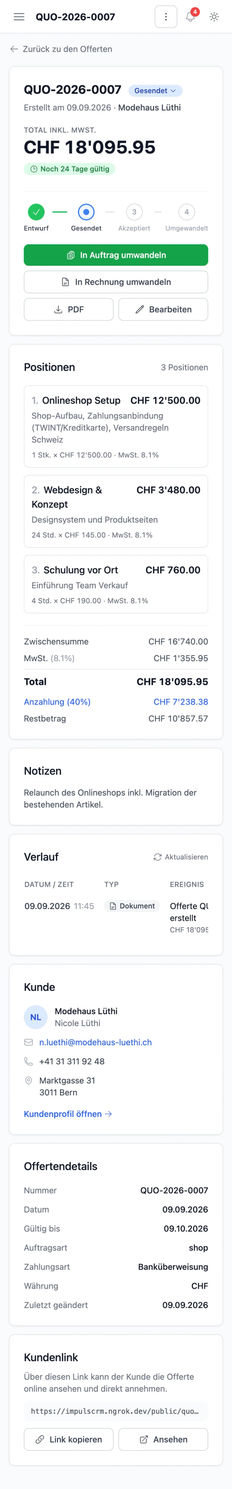 Offertendetail auf dem Smartphone mit Statusverlauf, Aktionen, Positionen, Kunde und Kundenlink