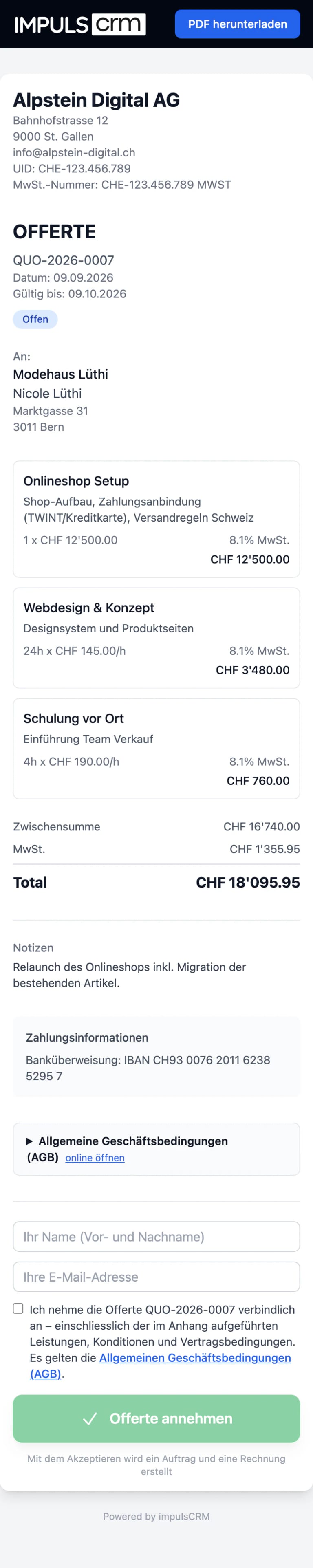 Öffentliche Kundenseite einer Offerte auf dem Smartphone mit Positionen und Annahme-Button