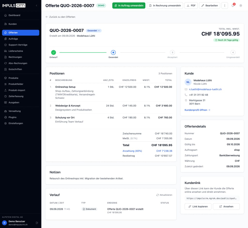 Offertendetail mit Statusverlauf Entwurf–Gesendet–Akzeptiert–Umgewandelt, Positionen, Anzahlung, Kunde, Offertendetails und Kundenlink