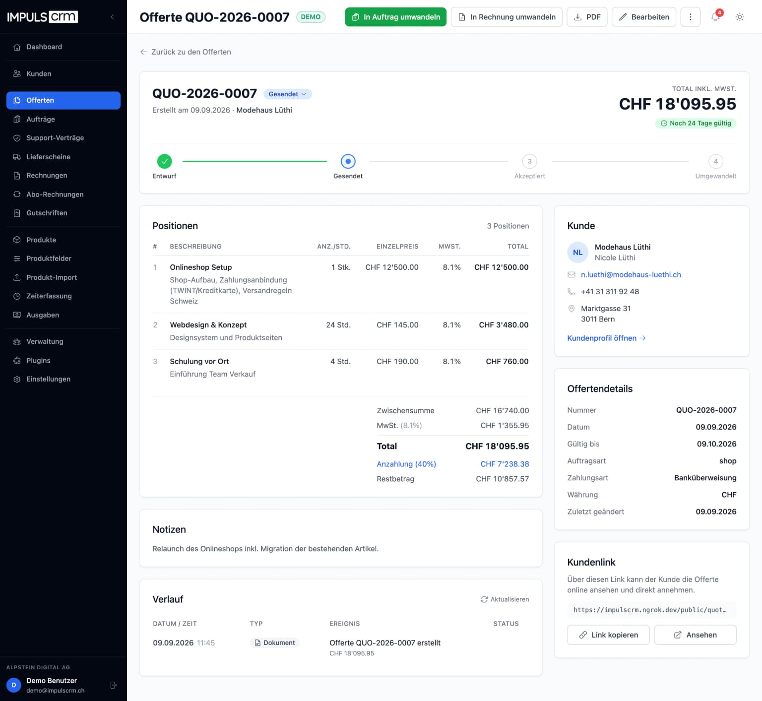 Offertendetail mit Statusverlauf Entwurf–Gesendet–Akzeptiert–Umgewandelt, Positionen, Anzahlung, Kunde, Offertendetails und Kundenlink