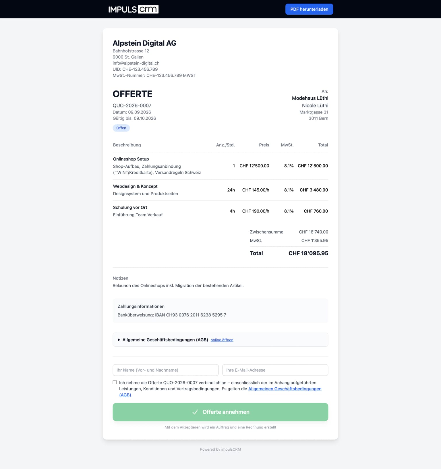 Öffentliche Kundenseite einer Offerte mit Positionen, Zahlungsinformationen, AGB und Feld zur verbindlichen Annahme