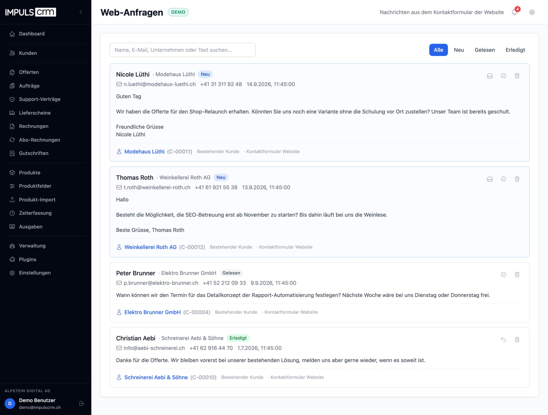 Posteingang mit Nachrichten aus dem Website-Kontaktformular, Status Neu, Gelesen und Erledigt sowie Zuordnung zum Kunden
